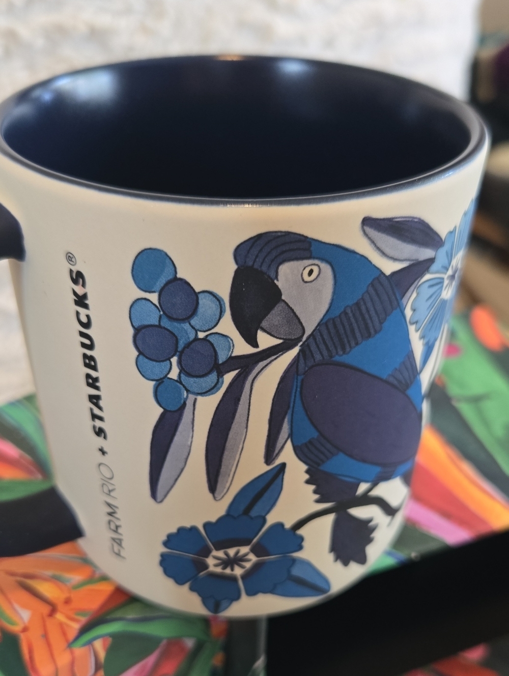 Starbucks FARM Rio Blue Floral Toucan Ceramic Mug with Dark Blue Interior Nwt - Picture 2 of 4